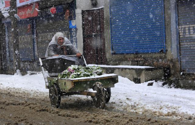 У индијском граду Синагару снијег који је пао изазвао је тешкоће у саобраћају.