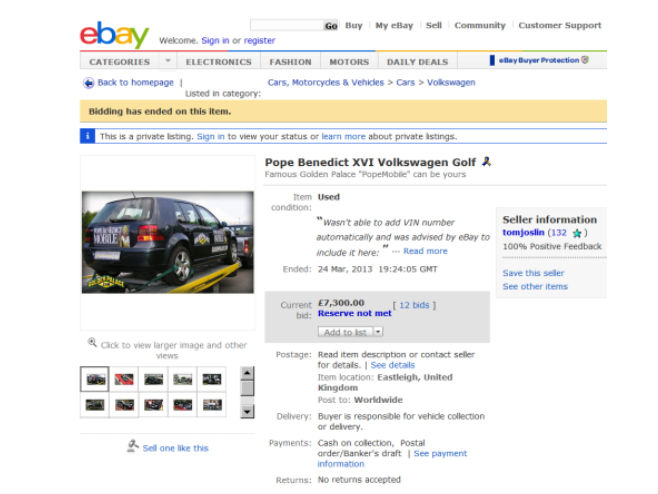 Папин голф на аукцији на eBay-у - Фото: Screenshot