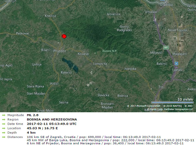 Слабији земљотрес на подручју Приједора - Фото: Screenshot