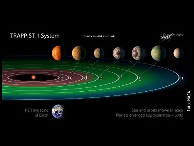 Распоред планета у систему „Трапист 1“ и њихова величина у поређењу са Земљом (Фото: NASA) - 