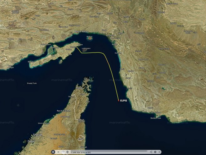 Приказ кретања брода "Елпис" кроз Ормуски мореуз (фото: marinetraffic.com) Приказ кретања брода "Елпис" кроз Ормуски мореуз (фото: marinetraffic.com) -