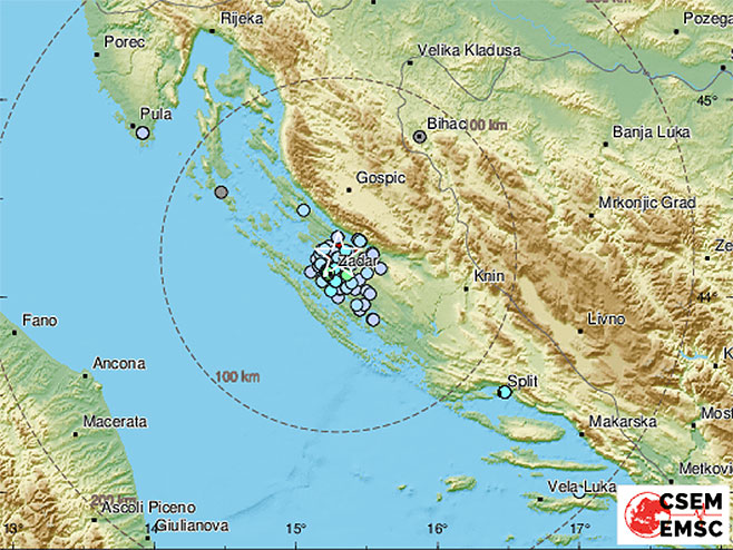 Земљотрес у Задру (Мапа: EMSC) - 